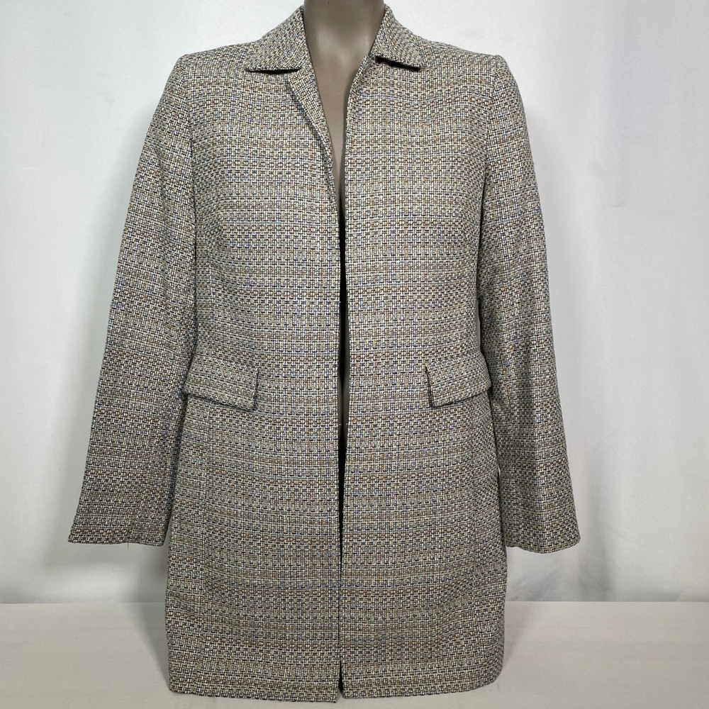 Amanda Smith Tweed Longline Tan Blue Open Front Coat Blazer Jacket Women's 6P